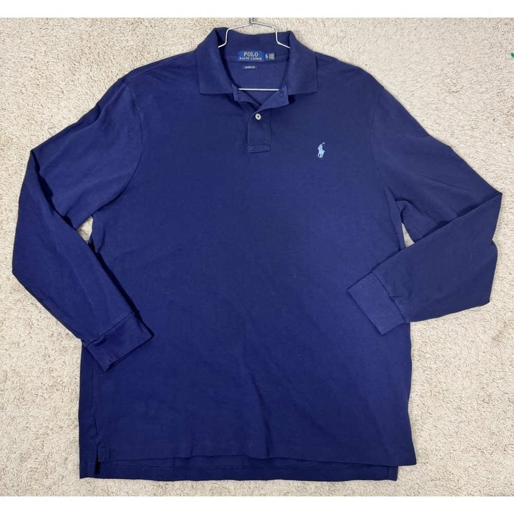 Polo Ralph Lauren Pique Knit Cotton Long Sleeve‎ Classic Polo Shirt Mens XL Blue